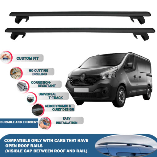 Roof Rack Cross Bars Compatible with Renault Trafic 2014-2023, Fits Raised Roof Rails with Gap to Car Roof, Ideal Rail Carrier for Roof Tents, 2-Piece Black