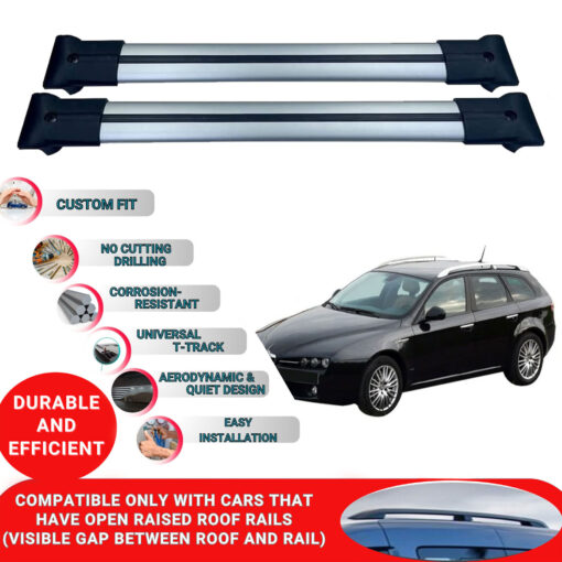 Roof Rack Cross Bars for Alfa Romeo 159 Sportwagon 2006-2011 ; Compatible with Raised Roof Rails and Roof Bars - 2 Pcs Aluminum Rail Carrier (Grey) - Image 2