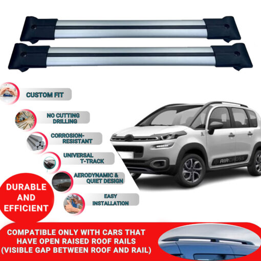 Roof Rack Cross Bars for Citroen C3 Aircross Suv 2018-2024 ; Compatible with Raised Roof Rails and Roof Bars - 2 Pcs Aluminum Rail Carrier (Grey) - Image 2