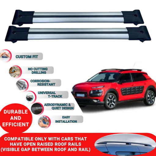 Roof Rack Cross Bars for Citroen C4 Cactus Suv 2014-2020 ; Compatible with Raised Roof Rails and Roof Bars - 2 Pcs Aluminum Rail Carrier (Grey) - Image 2