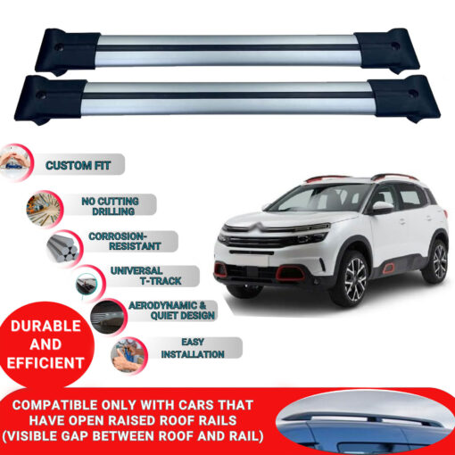 Roof Rack Cross Bars for Citroen C5 Aircross Suv 2018-2024; Compatible with Raised Roof Rails and Roof Bars - 2 Pcs Aluminum Rail Carrier (Grey) - Image 2