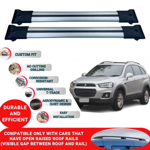 Roof Rack Cross Bars for Chevrolet Captiva 2007-2018 ; Compatible with Raised Roof Rails and Roof Bars - 2 Pcs Aluminum Rail Carrier (Grey) - Image 2