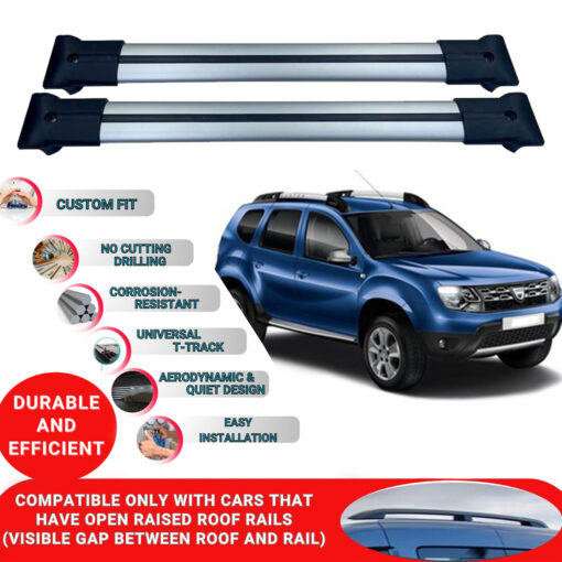 Roof Rack Cross Bars for Dacia Duster Hs (Pre-Facelift) 2014-2017 ; Compatible with Raised Roof Rails and Roof Bars - 2 Pcs Aluminum Rail Carrier (Grey) - Image 2