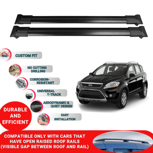 Roof Rack Cross Bars for Ford Kuga 2008-2012 ; Compatible with Raised Roof Rails and Roof Bars - 2 Pcs Aluminum Rail Carrier (Black) - Image 2