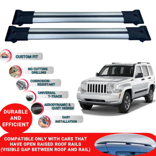 Roof Rack Cross Bars for Jeep Cherokee 2008-2013 ; Compatible with Raised Roof Rails and Roof Bars - 2 Pcs Aluminum Rail Carrier (Grey) - Image 2