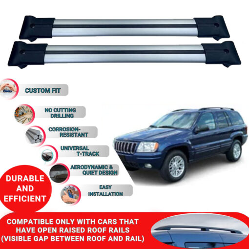 Roof Rack Cross Bars for Jeep Grand Cherokee Wj 1999-2005 ; Compatible with Raised Roof Rails and Roof Bars - 2 Pcs Aluminum Rail Carrier (Grey) - Image 2