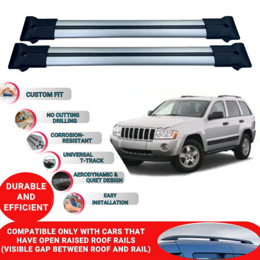 Roof Rack Cross Bars for Jeep Grand Cherokee Wk 2005-2010 ; Compatible with Raised Roof Rails and Roof Bars - 2 Pcs Aluminum Rail Carrier (Grey) - Image 2