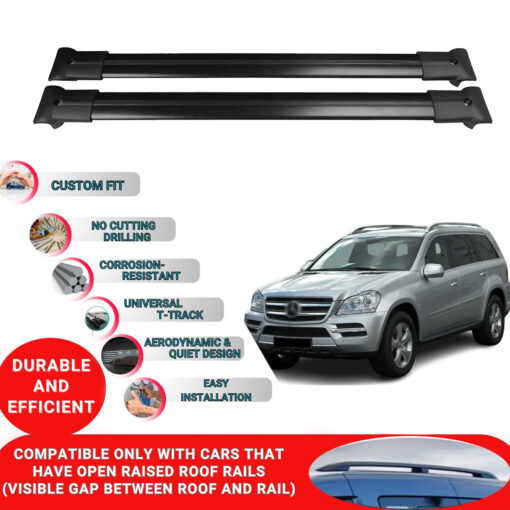 Roof Rack Cross Bars for Mercedes Gl-Class X164 2006-2012 ; Compatible with Raised Roof Rails and Roof Bars - 2 Pcs Aluminum Rail Carrier (Black) - Image 2