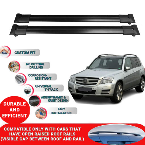 Roof Rack Cross Bars for Mercedes Glk-Class X204 2008-2015 ; Compatible with Raised Roof Rails and Roof Bars - 2 Pcs Aluminum Rail Carrier (Black) - Image 2