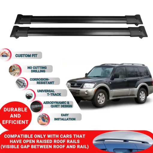 Roof Rack Cross Bars for Mitsubishi Pajero V60 1999-2006 ; Compatible with Raised Roof Rails and Roof Bars - 2 Pcs Aluminum Rail Carrier (Black) - Image 2