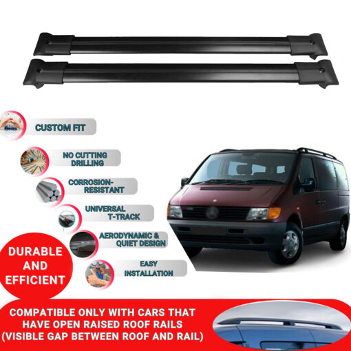 Roof Rack Cross Bars for Mercedes Vito W638 1996-2003 ; Compatible with Raised Roof Rails and Roof Bars - 4 Pcs Aluminum Rail Carrier (Black) - Image 2