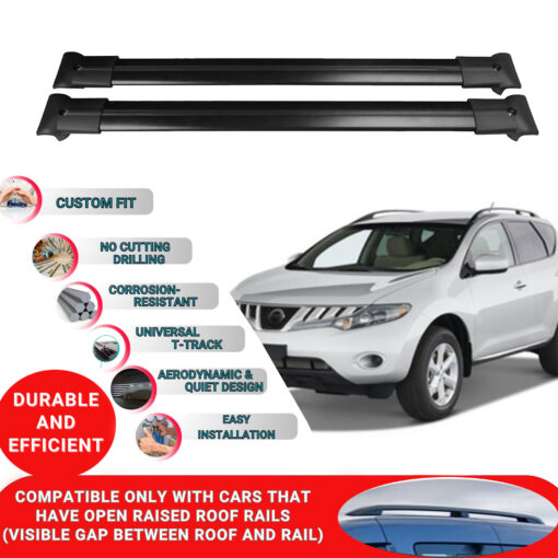 Roof Rack Cross Bars for Nissan Murano Z51 2008-2014 ; Compatible with Raised Roof Rails and Roof Bars - 2 Pcs Aluminum Rail Carrier (Black) - Image 2