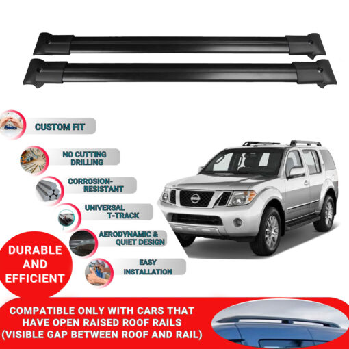 Roof Rack Cross Bars for Nissan Pathfinder R51 2005-2013 ; Compatible with Raised Roof Rails and Roof Bars - 2 Pcs Aluminum Rail Carrier (Black) - Image 2