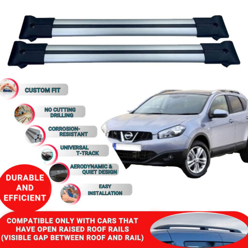 Roof Rack Cross Bars for Nissan Qashqai 2006-2013 ; Compatible with Raised Roof Rails and Roof Bars - 2 Pcs Aluminum Rail Carrier (Grey) - Image 2