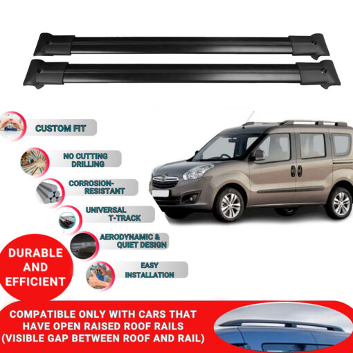 Roof Rack Cross Bars for Opel Combo D 2012-2019 ; Compatible with Raised Roof Rails and Roof Bars - 4 Pcs Aluminum Rail Carrier (Black) - Image 2