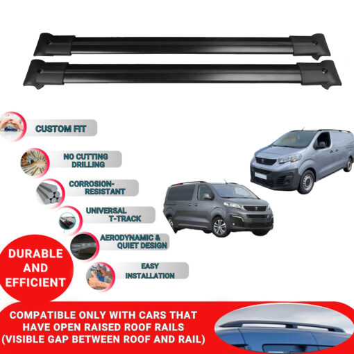 Roof Rack Cross Bars for Peugeot Expert Traveller Van 2017-2024 ; Compatible with Raised Roof Rails and Roof Bars - 4 Pcs Aluminum Rail Carrier (Black) - Image 2