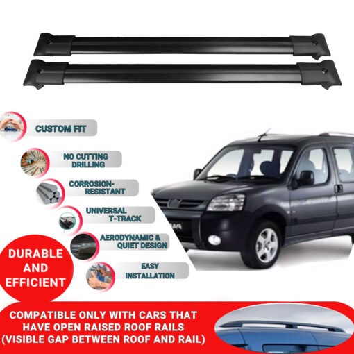 Roof Rack Cross Bars for Peugeot Partner 1 1996-2008 ; Compatible with Raised Roof Rails and Roof Bars - 4 Pcs Aluminum Rail Carrier (Black) - Image 2