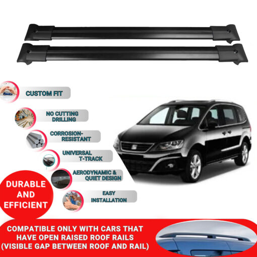 Roof Rack Cross Bars for Seat Alhambra Mk2 7N 2010-2020 ; Compatible with Raised Roof Rails and Roof Bars - 2 Pcs Aluminum Rail Carrier (Black) - Image 2