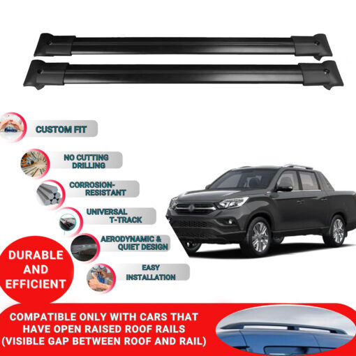 Roof Rack Cross Bars for Ssangyong Grand Musso 2018-2023 ; Compatible with Raised Roof Rails and Roof Bars - 2 Pcs Aluminum Rail Carrier (Black) - Image 2