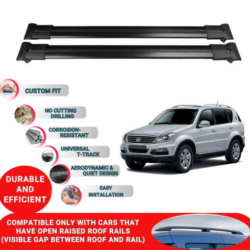 Roof Rack Cross Bars for Ssangyong Rexton Y290 2012-2017 ; Compatible with Raised Roof Rails and Roof Bars - 2 Pcs Aluminum Rail Carrier (Black) - Image 2