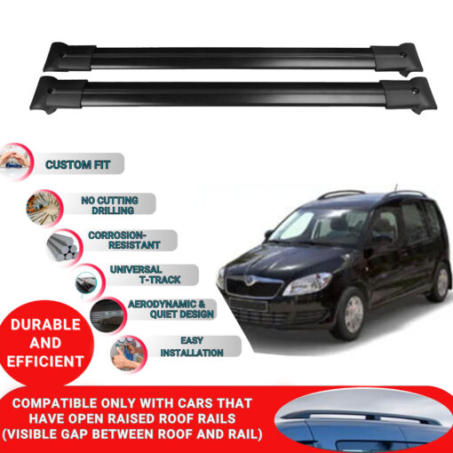 Roof Rack Cross Bars for Skoda Roomster 2006-2015 ; Compatible with Raised Roof Rails and Roof Bars - 2 Pcs Aluminum Rail Carrier (Black) - Image 2