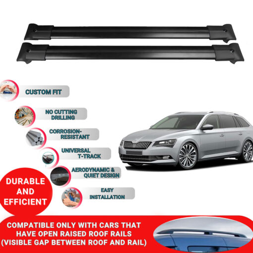 Roof Rack Cross Bars for Skoda Superb Sw / Combi 2015-2021 ; Compatible with Raised Roof Rails and Roof Bars - 2 Pcs Aluminum Rail Carrier (Black) - Image 2