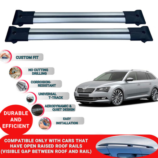 Roof Rack Cross Bars for Skoda Superb Sw / Combi 2015-2021 ; Compatible with Raised Roof Rails and Roof Bars - 2 Pcs Aluminum Rail Carrier (Grey) - Image 2