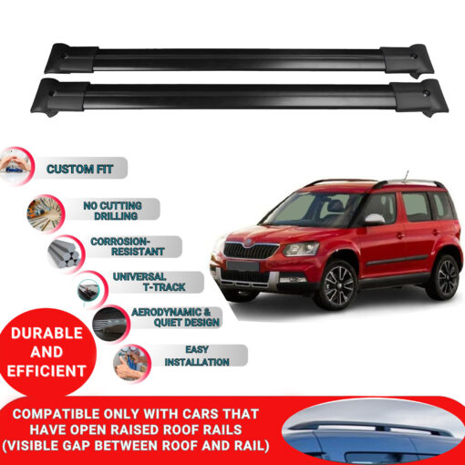 Roof Rack Cross Bars for Skoda Yeti 2010-2017 ; Compatible with Raised Roof Rails and Roof Bars - 2 Pcs Aluminum Rail Carrier (Black) - Image 2