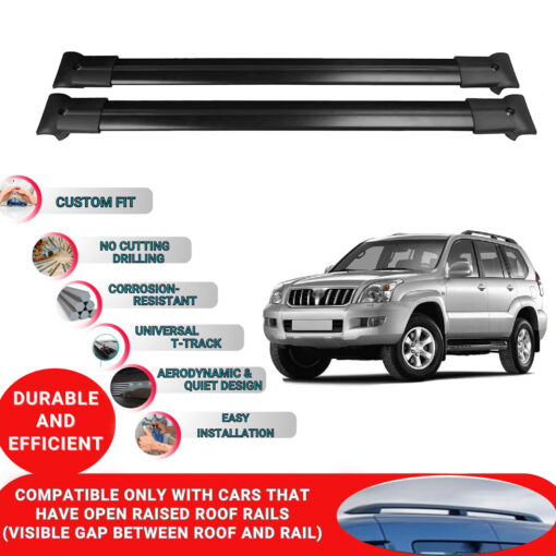 Roof Rack Cross Bars for Toyota Land Cruiser Prado 120 2002-2008 ; Compatible with Raised Roof Rails and Roof Bars - 2 Pcs Aluminum Rail Carrier (Black) - Image 2