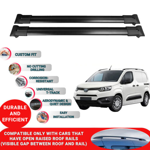 Roof Rack Cross Bars for Toyota Proace City 2019-2023 ; Compatible with Raised Roof Rails and Roof Bars - 4 Pcs Aluminum Rail Carrier (Black) - Image 2