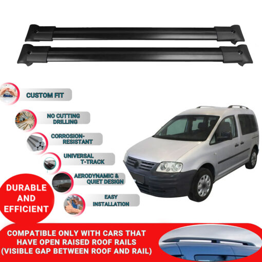 Roof Rack Cross Bars for Vw Caddy 2004-2015 ; Compatible with Raised Roof Rails and Roof Bars - 4 Pcs Aluminum Rail Carrier (Black) - Image 2