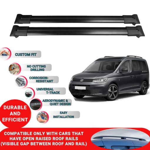 Roof Rack Cross Bars for Vw Caddy 2020-2023 ; Compatible with Raised Roof Rails and Roof Bars - 4 Pcs Aluminum Rail Carrier (Black) - Image 2