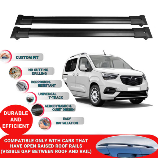 Roof Rack Cross Bars for Vauxhall Combo E 2019-2023 ; Compatible with Raised Roof Rails and Roof Bars - 4 Pcs Aluminum Rail Carrier (Black) - Image 2