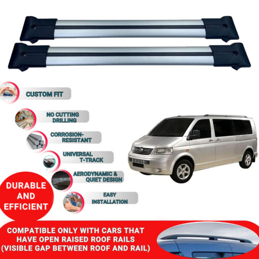 Roof Rack Cross Bars for Vw T5 Caravelle 2003-2015 ; Compatible with Raised Roof Rails and Roof Bars - 2 Pcs Aluminum Rail Carrier (Grey) - Image 2