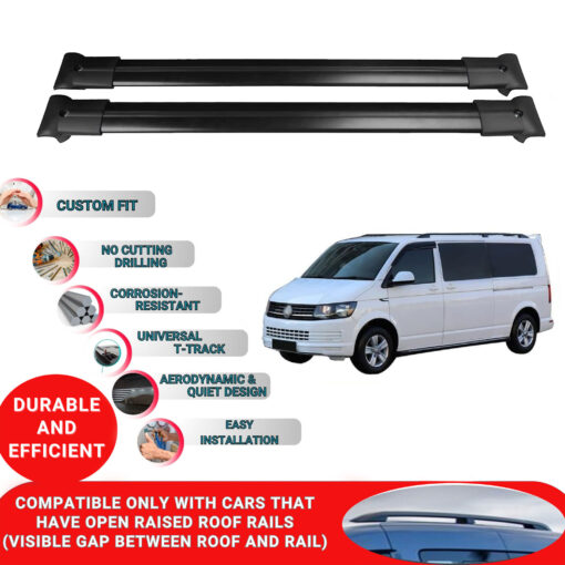 Roof Rack Cross Bars for Vw T5 Multivan 2003-2015 ; Compatible with Raised Roof Rails and Roof Bars - 2 Pcs Aluminum Rail Carrier (Black) - Image 2