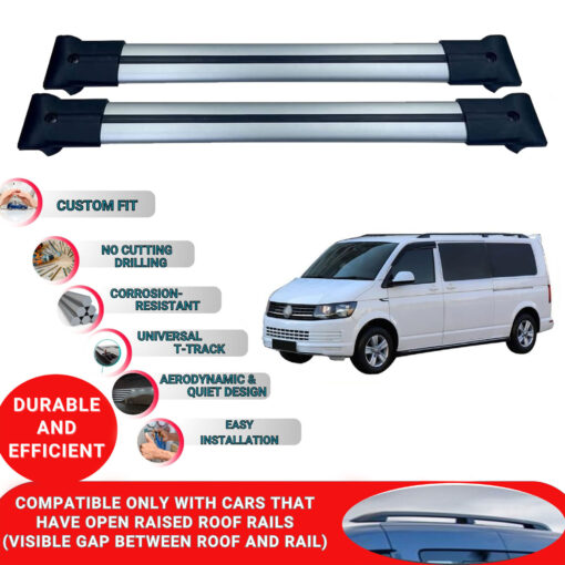 Roof Rack Cross Bars for Vw T5 Multivan 2003-2015 ; Compatible with Raised Roof Rails and Roof Bars - 2 Pcs Aluminum Rail Carrier (Grey) - Image 2