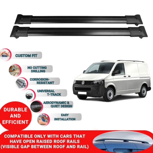 Roof Rack Cross Bars for Vw T5 Transporter 2003-2015 ; Compatible with Raised Roof Rails and Roof Bars - 2 Pcs Aluminum Rail Carrier (Black) - Image 2