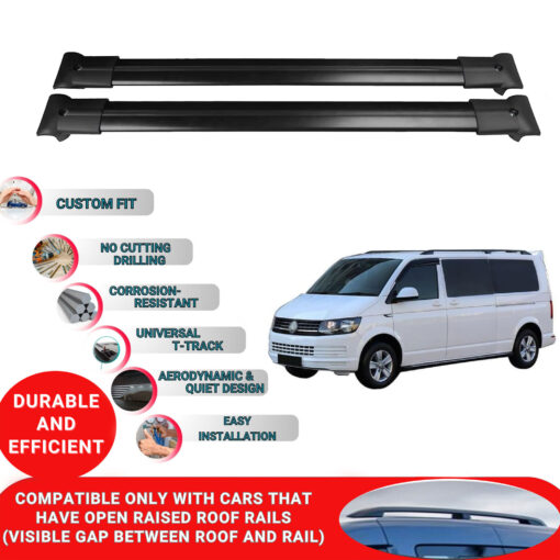 Roof Rack Cross Bars for Vw T6 Transporter 2015-2023 ; Compatible with Raised Roof Rails and Roof Bars - 4 Pcs Aluminum Rail Carrier (Black) - Image 2