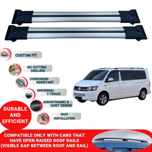 Roof Rack Cross Bars for Vw T6 Transporter 2015-2023 ; Compatible with Raised Roof Rails and Roof Bars - 2 Pcs Aluminum Rail Carrier (Grey) - Image 2