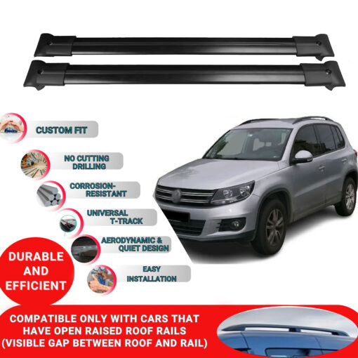 Roof Rack Cross Bars for Vw Tiguan 2007-2016 ; Compatible with Raised Roof Rails and Roof Bars - 2 Pcs Aluminum Rail Carrier (Black) - Image 2