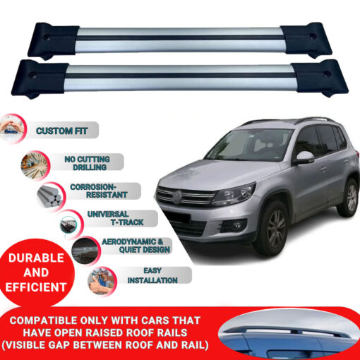 Roof Rack Cross Bars for Vw Tiguan 2007-2016 ; Compatible with Raised Roof Rails and Roof Bars - 2 Pcs Aluminum Rail Carrier (Grey) - Image 2