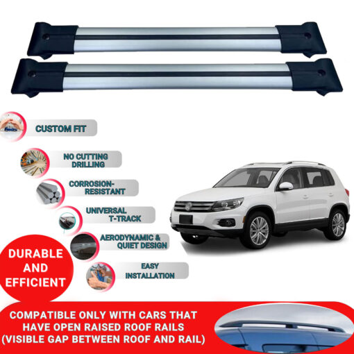 Roof Rack Cross Bars for Vw Tiguan 2017-2019 ; Compatible with Raised Roof Rails and Roof Bars - 2 Pcs Aluminum Rail Carrier (Grey) - Image 2