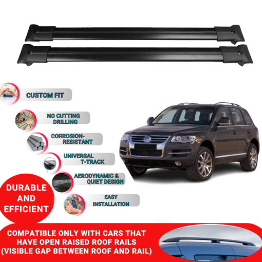 Roof Rack Cross Bars for Vw Touareg 1 2003-2010 ; Compatible with Raised Roof Rails and Roof Bars - 2 Pcs Aluminum Rail Carrier (Black) - Image 2