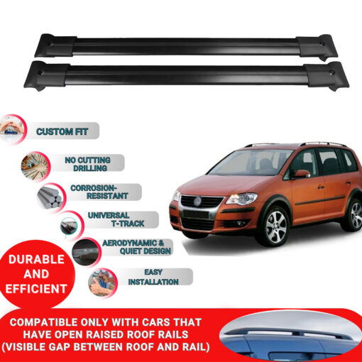 Roof Rack Cross Bars for Vw Touran Cross 2006-2010 ; Compatible with Raised Roof Rails and Roof Bars - 2 Pcs Aluminum Rail Carrier (Black) - Image 2