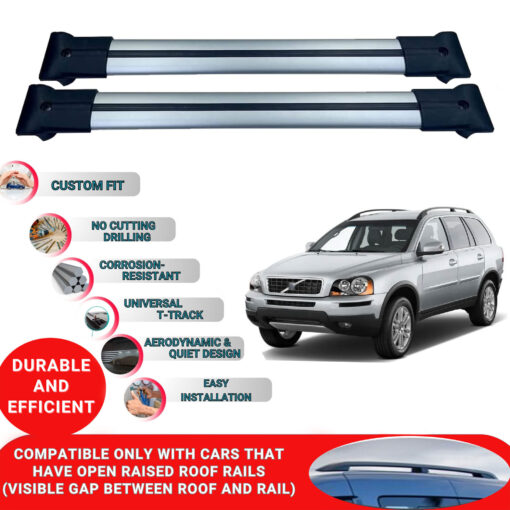 Roof Rack Cross Bars for Volvo Xc90 Mk1 2003-2015 ; Compatible with Raised Roof Rails and Roof Bars - 2 Pcs Aluminum Rail Carrier (Grey) - Image 2