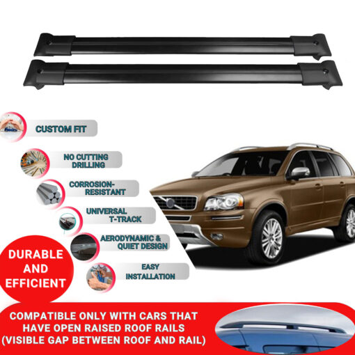 Roof Rack Cross Bars for Volvo Xc90 Suv 2003-2015 ; Compatible with Raised Roof Rails and Roof Bars - 2 Pcs Aluminum Rail Carrier (Black) - Image 2