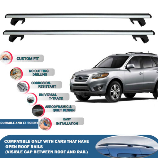 Roof Rack Cross Bars Compatible with Hyundai Santa Fe 2006-2012, Fits Raised Roof Rails with Gap to Car Roof, Ideal Rail Carrier for Roof Tents, 2-Piece Silver