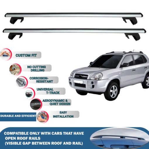 Roof Rack Cross Bars Compatible with Hyundai Tucson JM 2004-2009, Fits Raised Roof Rails with Gap to Car Roof, Ideal Rail Carrier for Roof Tents, 2-Piece Silver