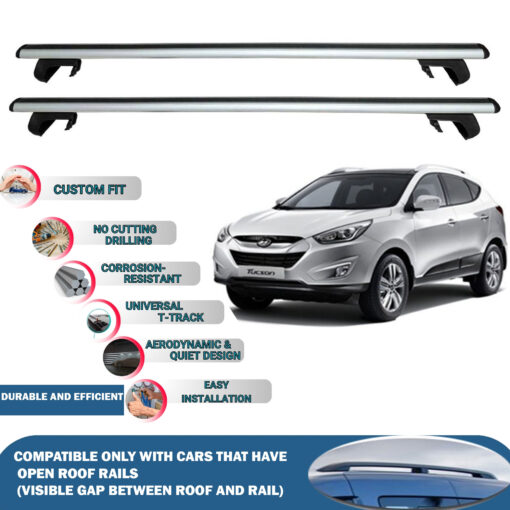 Roof Rack Cross Bars Compatible with Hyundai Tucson LM 2009-2015, Fits Raised Roof Rails with Gap to Car Roof, Ideal Rail Carrier for Roof Tents, 2-Piece Silver