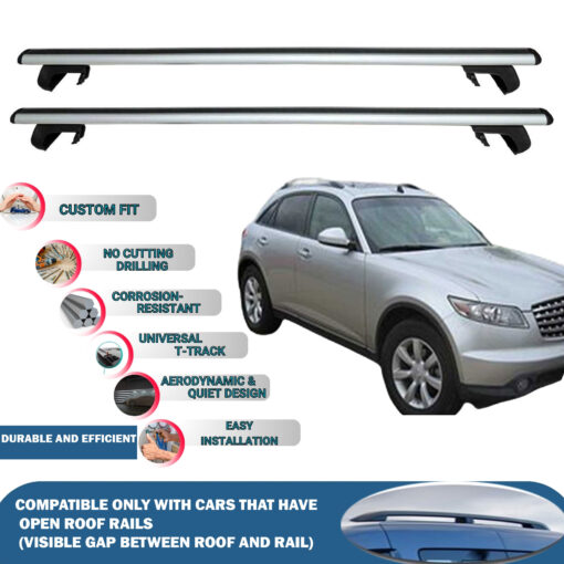 Roof Rack Cross Bars Compatible with Infiniti Qx70 Mk1 2002-2008, Fits Raised Roof Rails with Gap to Car Roof, Ideal Rail Carrier for Roof Tents, 2-Piece Silver